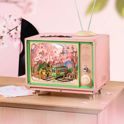 Rolife DIY Music Box Sakura Dreamy Tour 3D Wooden Puzzle Book Nook TV Model Kit Home Decoration Birthday Gift for Adult