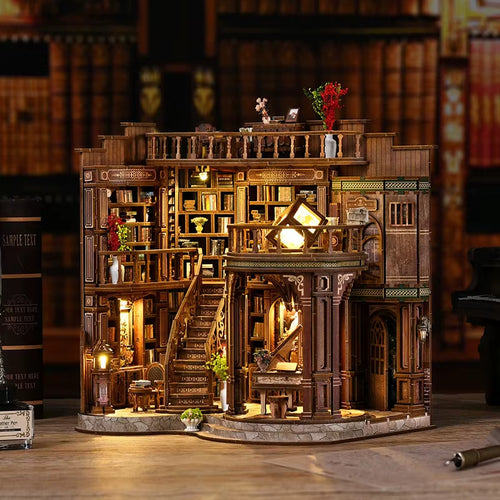 Retro DIY Wooden Dreamy Book Hall House Figurines Miniatures Kits with LED Lights Home Desk Decoration for Adult Handmade Gifts